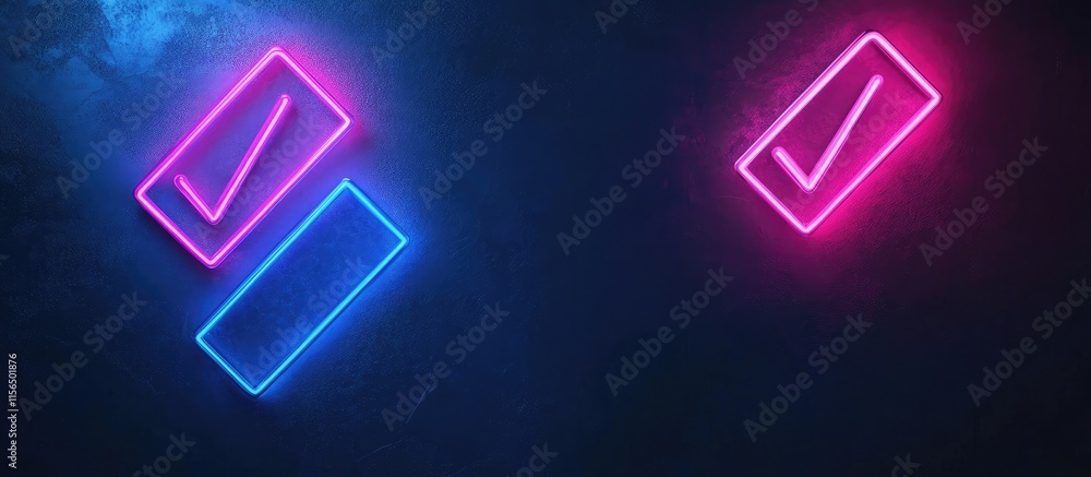 Poster 3d neon check marks design on dark background with space for custom text and graphics display