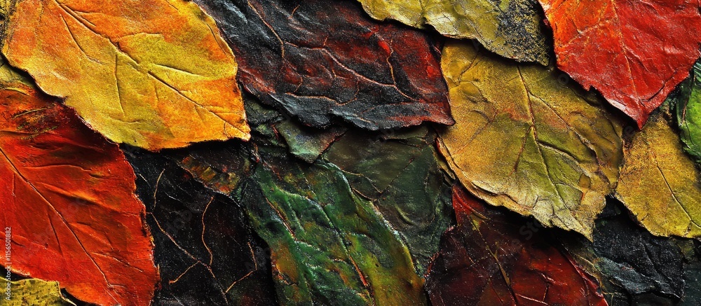 Poster textural close up of vibrant multi colored autumn leaves providing ample space for text overlay or d