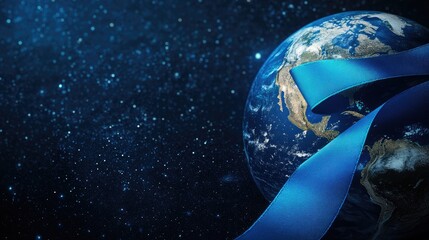 Blue Ribbon Celebrating Earth with Space Background and Empty Copy Space for Text