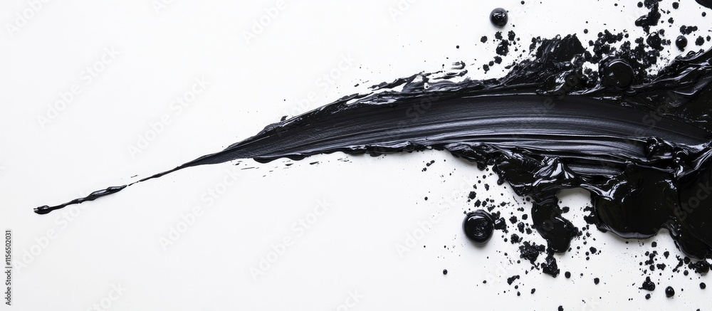 Poster black paint spill on white background creating artistic design with ample space for creative text or