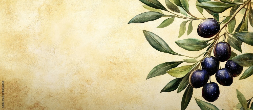 Poster black olives on a tree with a textured background creating an elegant space for text or branding opp