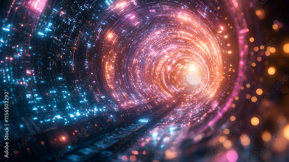 Poster digital vortex, luminous tunnel of light and data streams into infinity