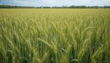Lush Green Wheat Field Under Summer Sky