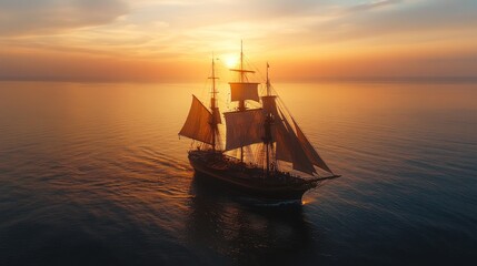Fototapeta premium A majestic sailing ship at sunset, gliding over calm waters.