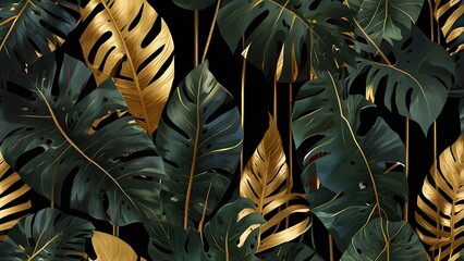 Abstract illustration of dark tropical large leaves, with gold lines, luxury elegant background. Tropical Generative AI