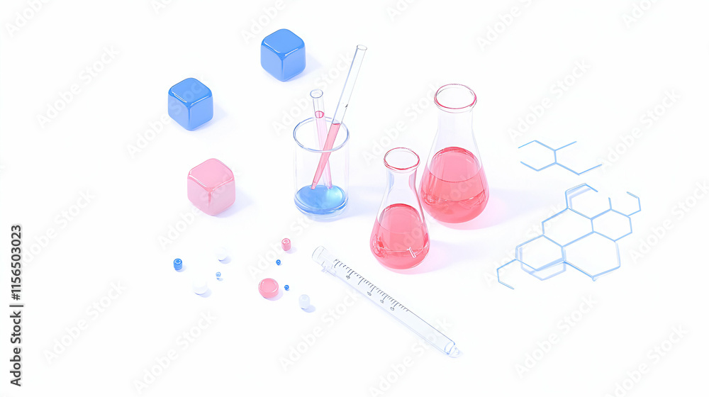Poster lab setup, colorful liquids in flasks, pipettes, and cubes. science experiment in progress successfu