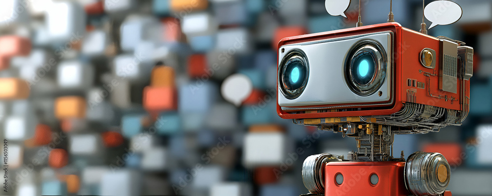Poster retro robot communicates: ai chatbot spreads messages widely