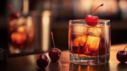 Classic Old-Fashioned Cocktail with Cherry Garnish, Reflecting Balance and Joy in Life's Simple Pleasures