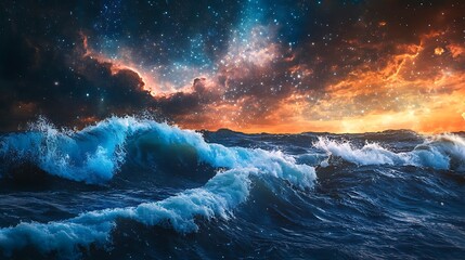 Fototapeta premium Ocean Waves Crashing Under a Vivid, Cosmic Sunset: Digital Painting. AI Generated