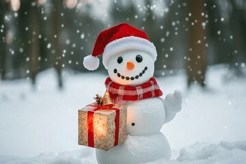 Snowman Holding Christmas Lantern and Gift in a Snowy Landscape with Holiday Cheer