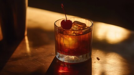 Classic Old-Fashioned Cocktail with Cherry Garnish, Reflecting Balance and Joy in Life's Simple Pleasures