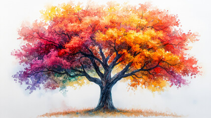 vibrant watercolor painting of large tree with autumn leaves