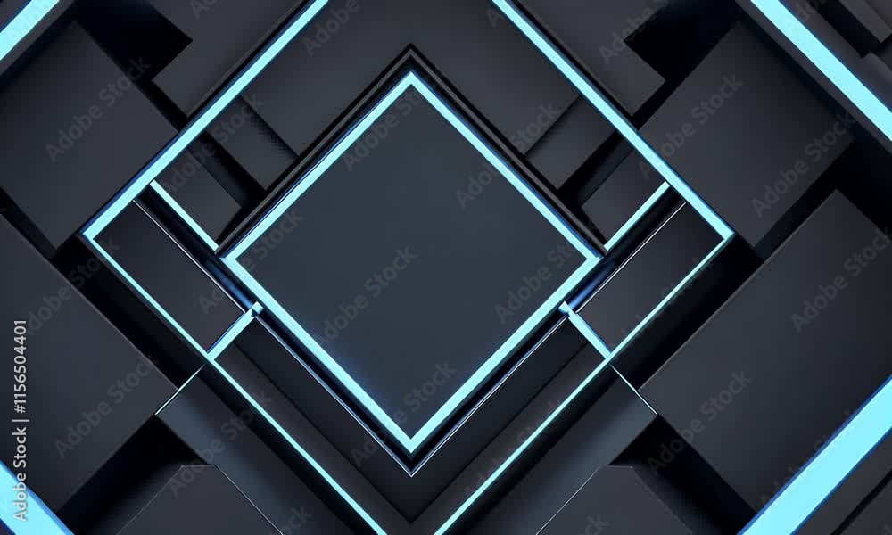 Poster a glowing neon blue corridor with geometric lines and reflections, creating a futuristic, illuminate
