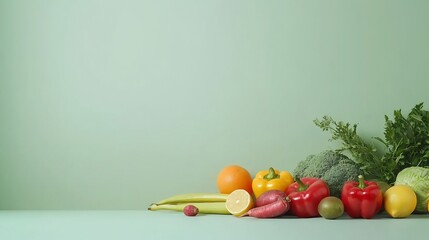 Vibrant Veggie Still Life: A Colorful Collection of Fresh Produce Against a Mint Green Background