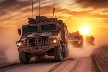 Sunset Desert Military Convoy: Fast-moving vehicles kick up convoy of trucks driving