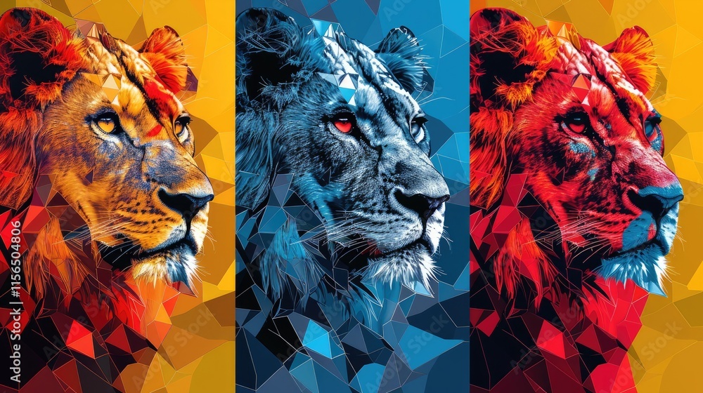 Poster a colorful, geometric representation of a lion's head in three distinct color schemes.