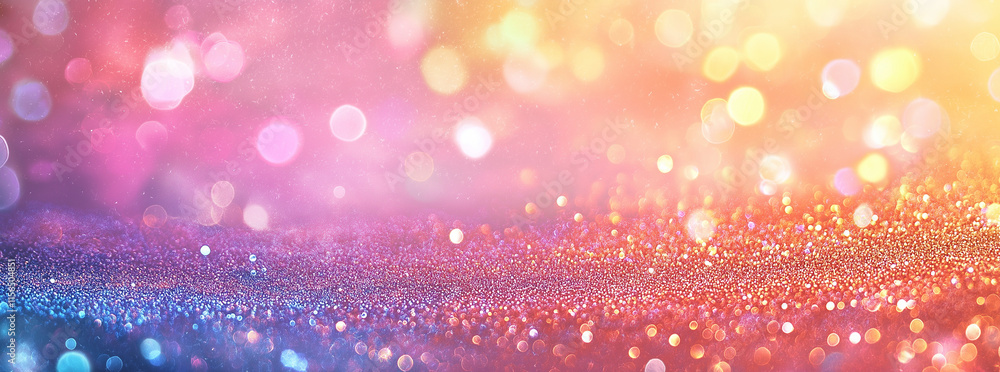 Poster pastel rainbow glitter background featuring a soft bokeh effect, creating an enchanting and dreamy a
