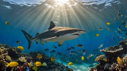 Obraz premium Shark in Paradise: Dumd Gulpur Shark Navigating a Vibrant Coral Reef