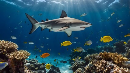 Fototapeta premium Coral Reef Adventure: Dumd Gulpur Shark Gliding Through Colorful Waters