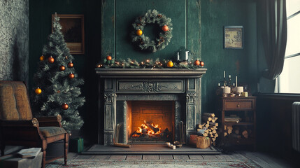 Cozy fireplace with Christmas decorations in a warm living room