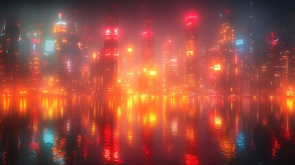 Futuristic Cityscape Reflected in Still Water at Night