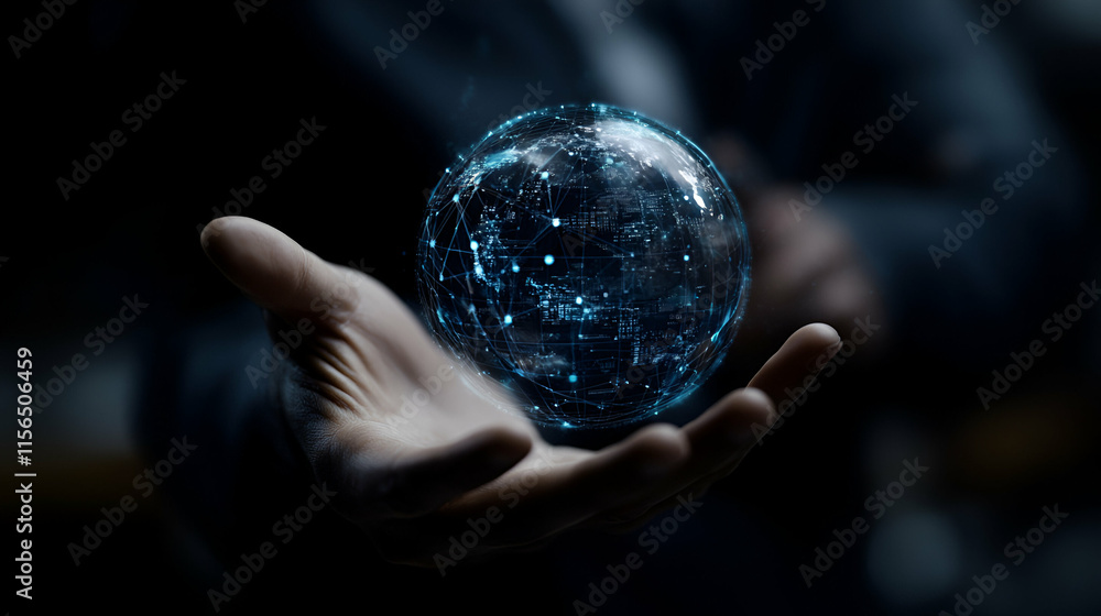 Poster global network in hand, connecting worlds through digital innovation and technological advancement