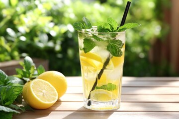 Fototapeta premium Tall glass of refreshing lemonade with ice cubes, A Yuzu