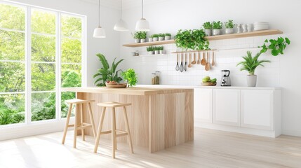 Fototapeta premium Modern Bright Kitchen with Wood Accents and Abundant Greenery, Featuring a Spacious Island, Minimalist Aesthetic, and Natural Light Streaming Through Large Windows