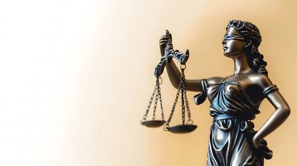 Statue of lady justice on bright background - Side view with copy space
