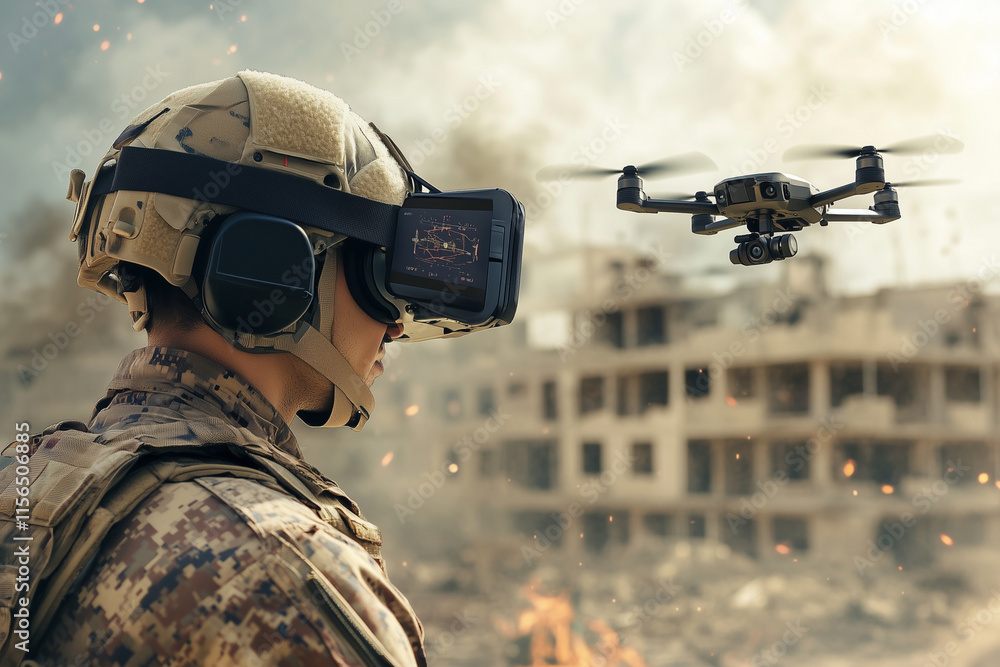Poster man in a military uniform is wearing a virtual reality headset and looking at a video game. the game