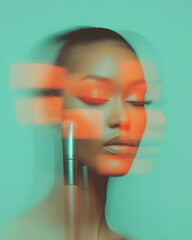 Blurred retro portrait of a girl with orange lips, blurred face. Smeared paint effect, makeup. Gray-turquoise background.