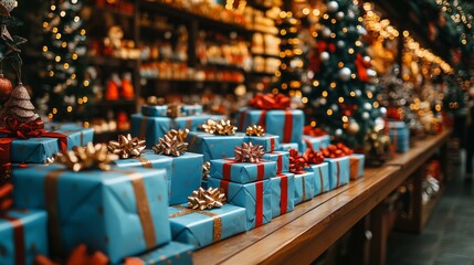 Gift boxes in blue wrapping with red and A festive display of beautifully