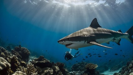 Fototapeta premium Underwater Connection: Diver and Dumd Gulpur Shark Interacting in a Colorful Reef