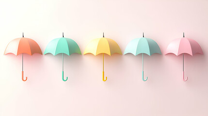 Pastel Umbrellas Arranged in a Row on a Wall, Offering Protection and Color Coordination