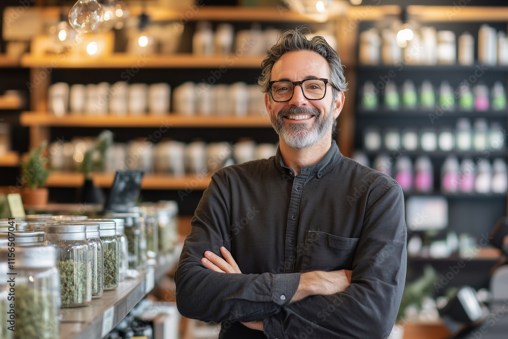 Aufkleber man stands in front of a store with jars of marijuana. he is smiling and he is proud of his products