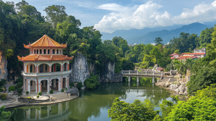 Fototapeta premium Exploring the Majestic Kek Lok Si Temple: A Stunning Pagoda on a Serene Lake in Penang