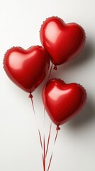 Three shiny red heart-shaped balloons float against a light backdrop, symbolizing love and celebration.