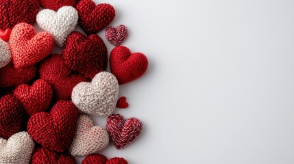 A collection of colorful knitted hearts in various shades of red and white, arranged on a light background, symbolizing love and affection.