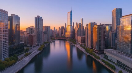 Fototapeta premium Chicago Skyline Sunrise River Reflection Cityscape