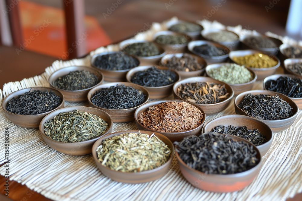 Poster table with many different types of tea in small bowls. the bowls are arranged in a row and are of va