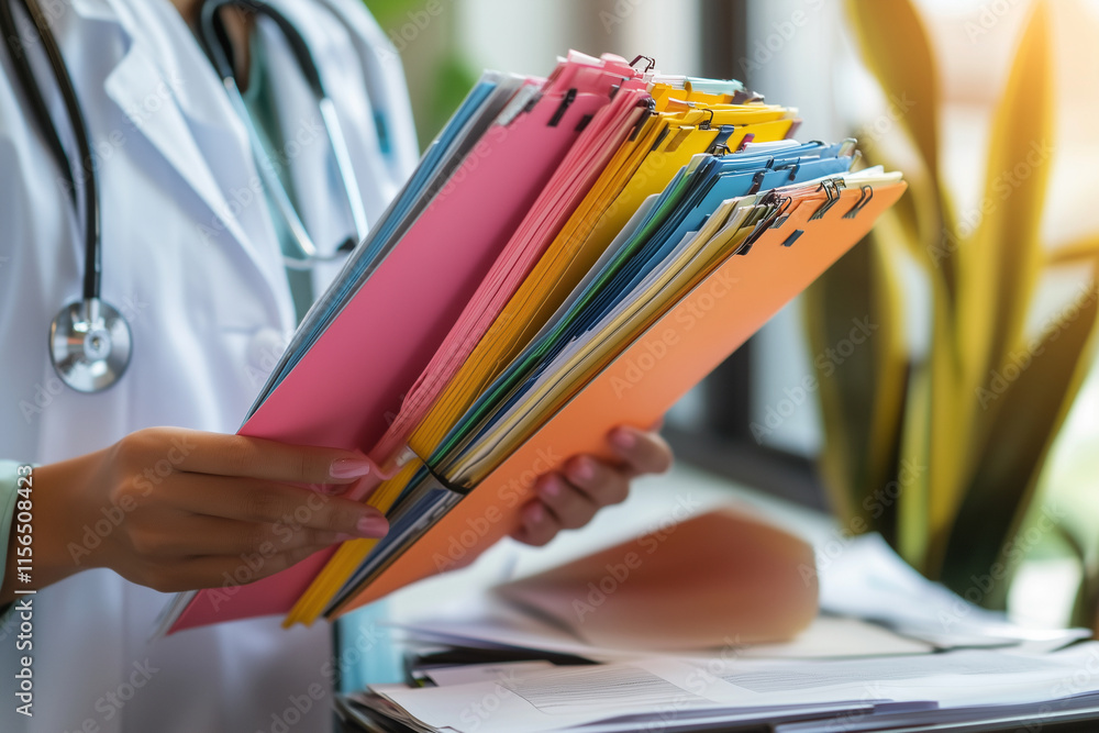 Poster doctor is holding a stack of papers with different colored folders. the papers are organized and the