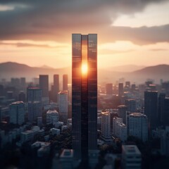 Fototapeta premium Golden Hour Cityscape Sunrise Skyscraper Urban Skyline