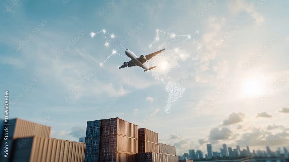 Poster airplane flying over shipping containers with digital network connection representing global trade a
