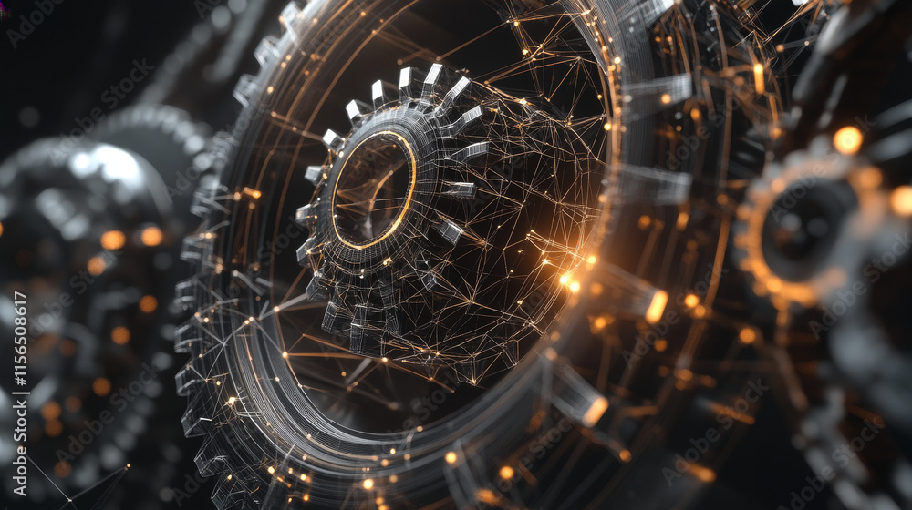 Poster a hologram of gear. gears of polygons, triangles of points and lines. the low gear connection struct