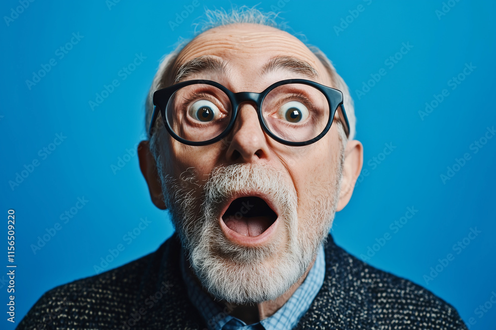 Poster man with glasses and a beard is looking surprised. he has a wide open mouth and his eyes are wide op