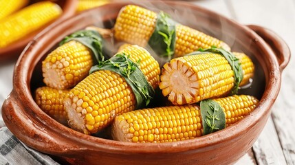 Corn cob idea. Deliciously cooked corn on the cob served in a rustic clay pot, draped with green herbs.