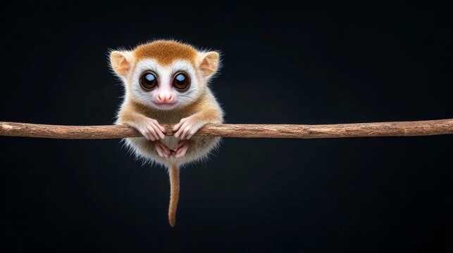Adorable and Curious Baby Monkey Sitting on a Branch with Large Expressive Eyes Against a Dark Background