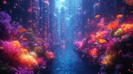 Obraz premium A vibrant underwater scene with colorful corals and fish amidst glowing city structures.
