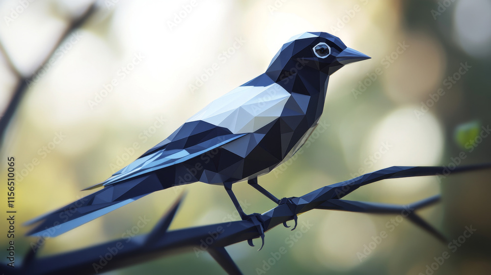 Poster a hologram magpie. magpie of polygons, triangles, points, and lines. magpie low-poly compound struct