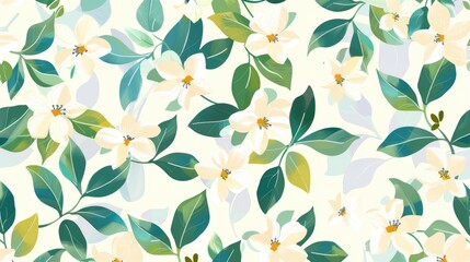 A floral pattern featuring light-colored flowers and green leaves on a soft background.
